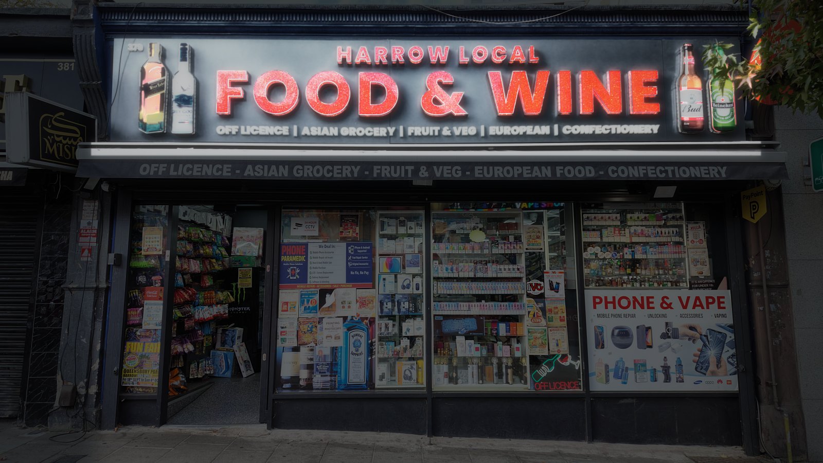 Harrow Local Food and Wine red crystal LED letters
