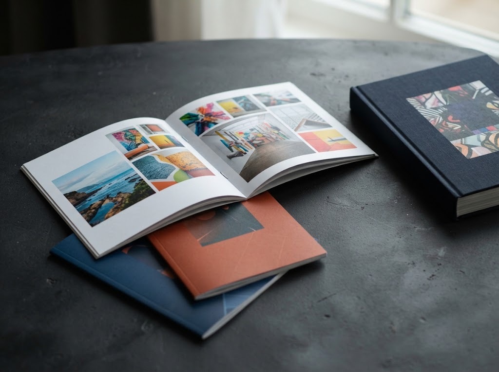 Open booklet and bound brochures