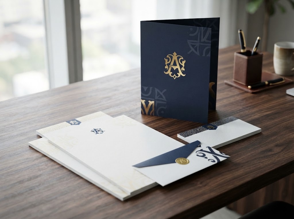Matching letterhead, folder and envelope set