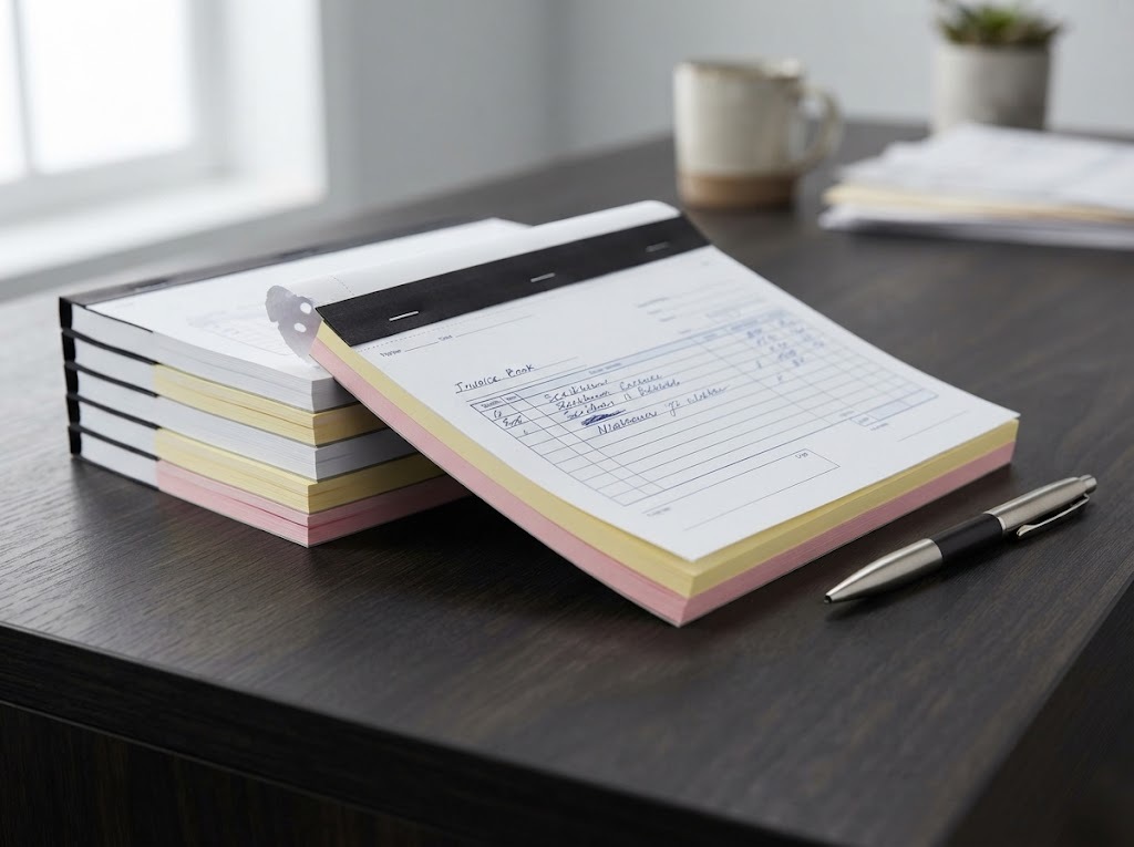 Stack of invoice books with carbonless copies
