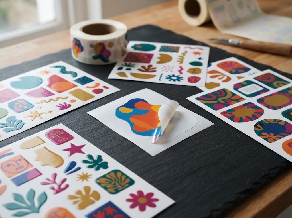 Sheets and rolls of colourful stickers