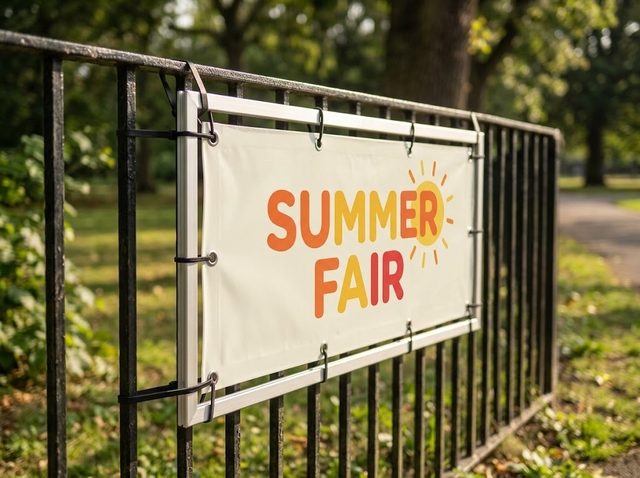 Printed banner on a park railing