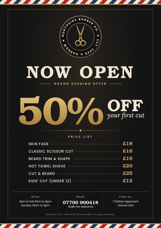 Black and gold barber shop flyer with a half price opening offer