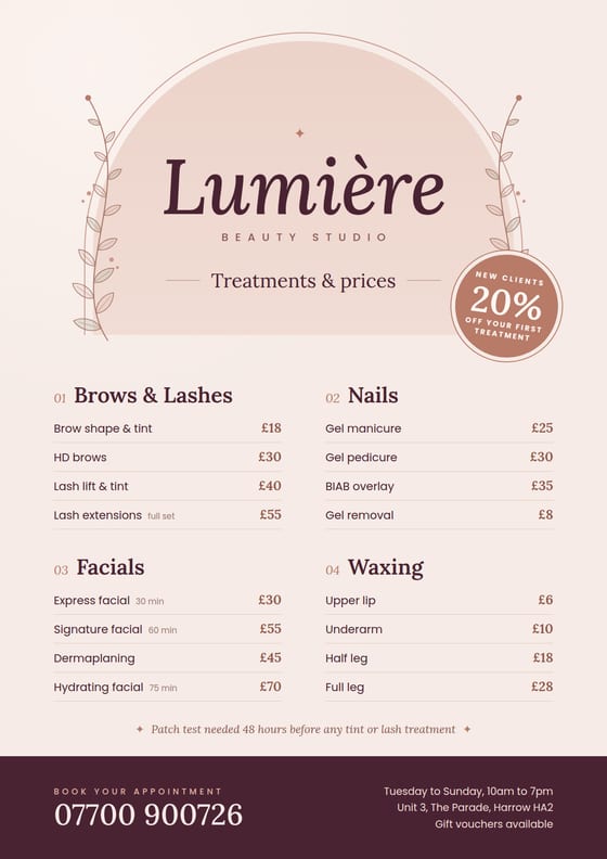 Beauty salon price list flyer in blush pink