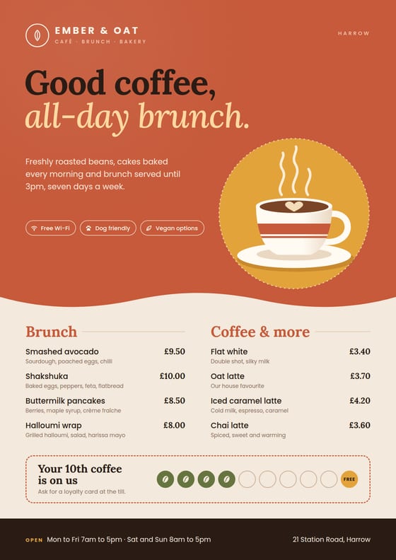 Terracotta café flyer with brunch menu and loyalty card