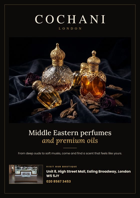 Black and gold flyer for Cochani London perfumes with perfume bottles, their kiosk and boutique address