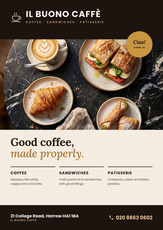 Cream and espresso flyer for Il Buono Caffè with coffee, panini and pastries, their address and phone number