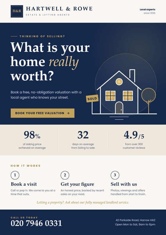 Navy and gold estate agent flyer offering a free valuation