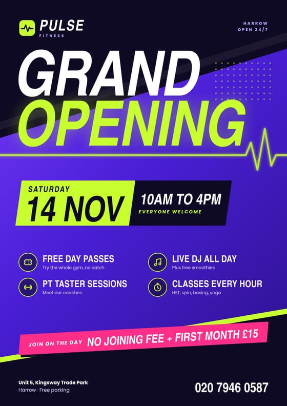 Gym grand opening flyer in violet and lime