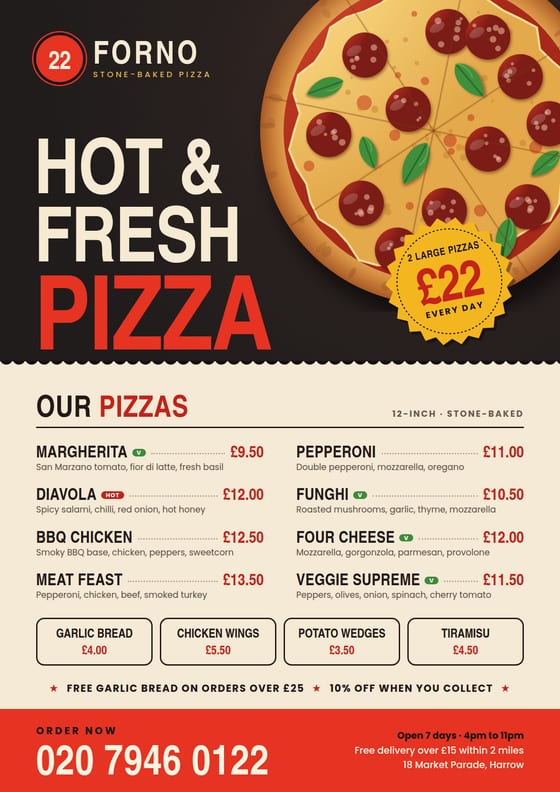 Pizza takeaway menu flyer with a stone-baked pizza