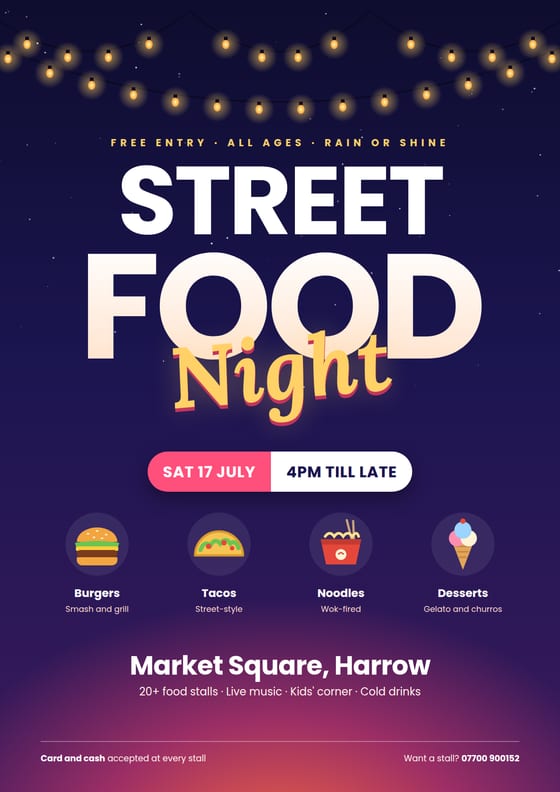 Street food night event poster with festoon lights