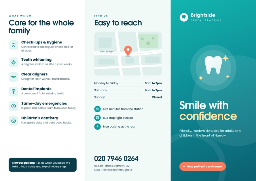 Tri-fold dental practice leaflet opened flat, showing the outside panels