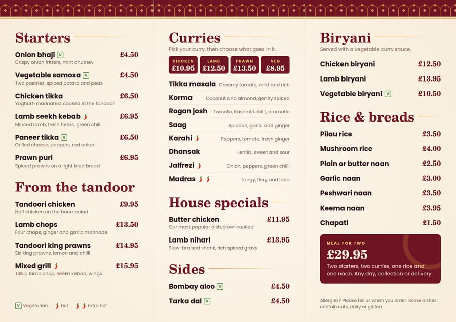Tri-fold Indian takeaway menu opened flat, showing three panels