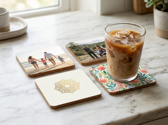 Set of printed coasters with photos and a logo
