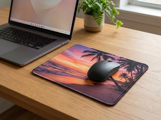 Printed mouse mat with a photo on a desk
