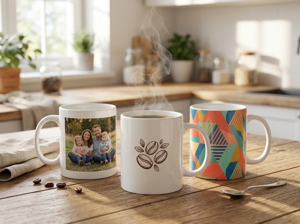 Printed mugs with a family photo, a simple logo and a colourful pattern