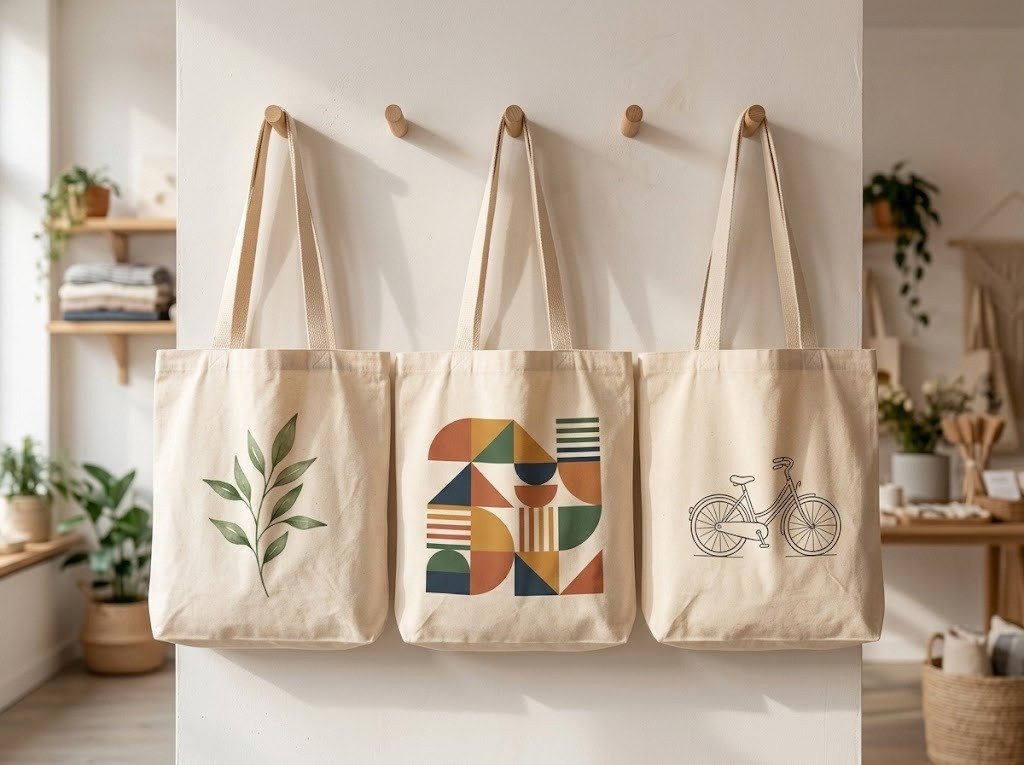 Natural cotton tote bags printed with a leaf, a geometric pattern and a bicycle