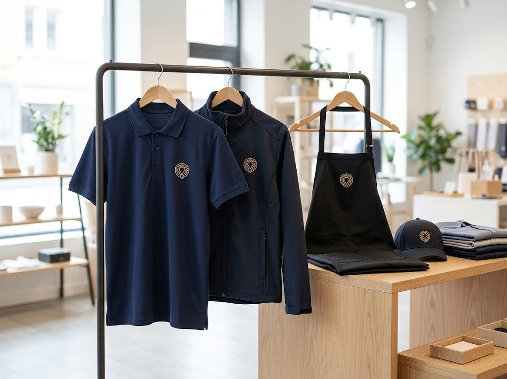 Matching staff uniforms with an embroidered logo: polo, apron and jacket