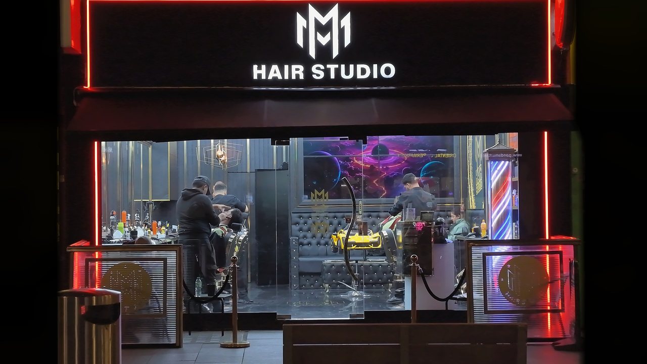 M1 Hair Studio complete shopfront with lit fascia letters and red LED outline, made by Select Print