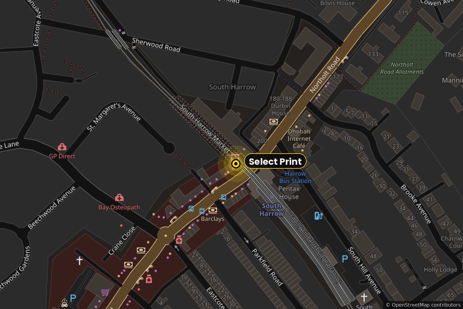 Map of South Harrow showing Select Print on Northolt Road, opposite South Harrow station