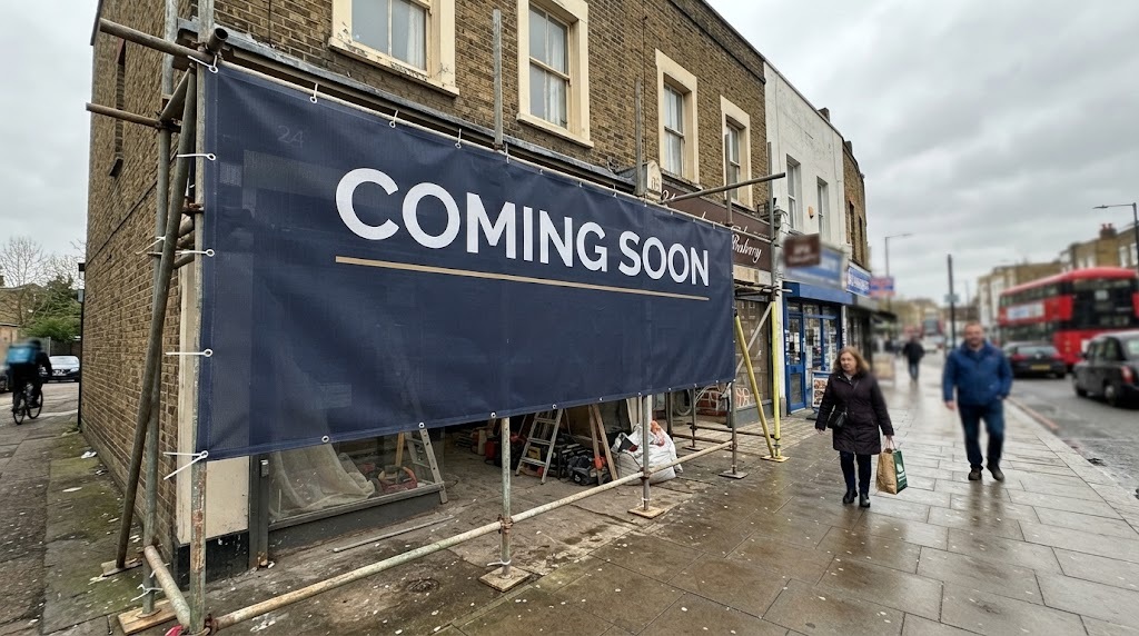 Navy mesh banner tied to scaffolding on a high street shop
