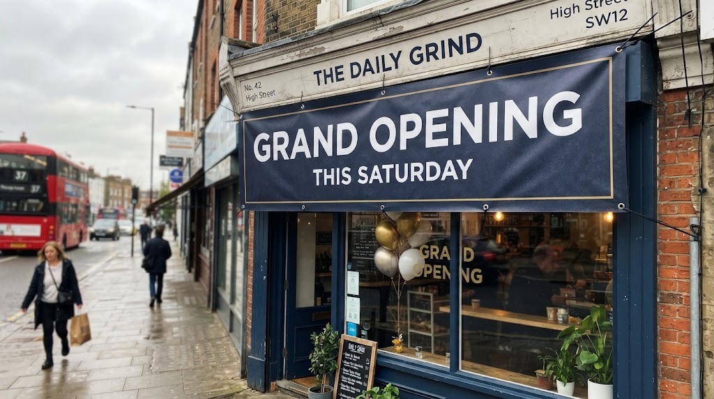 Navy printed banner with gold trim announcing a grand opening above a café front