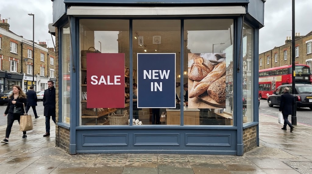 Sale and New In posters in a bakery shop window