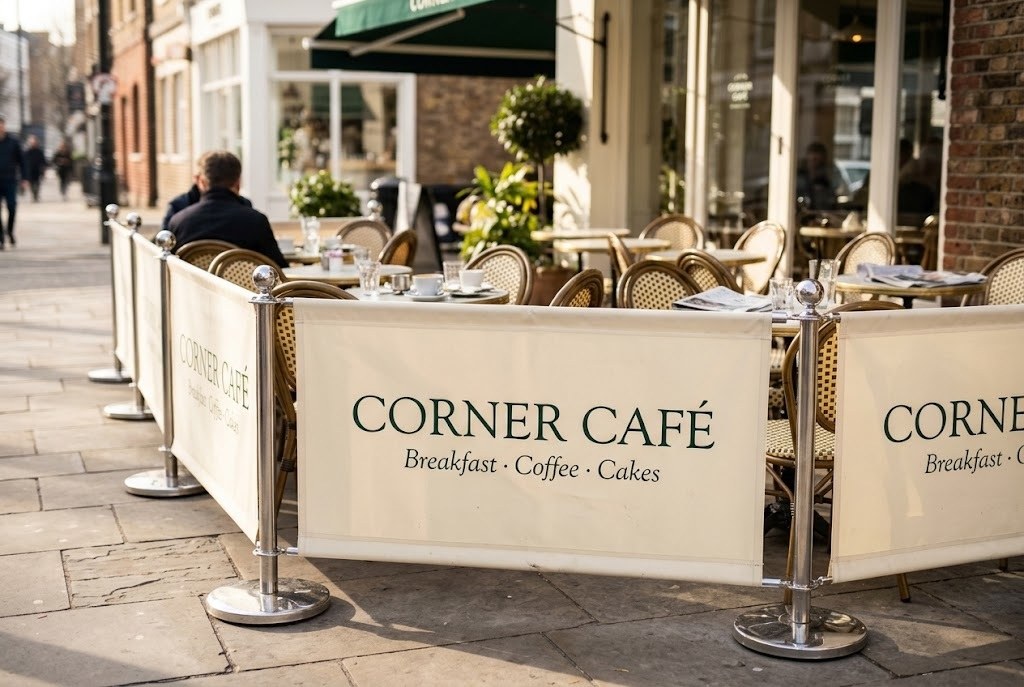 Printed café barrier banners around outdoor seating