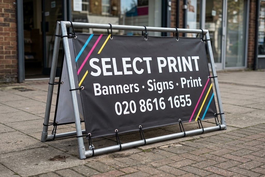 A-frame banner stand on a pavement