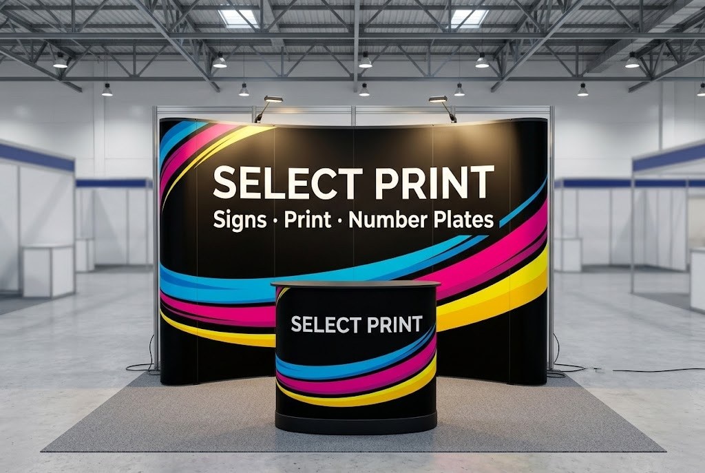 Curved pop-up display wall and printed counter at an exhibition