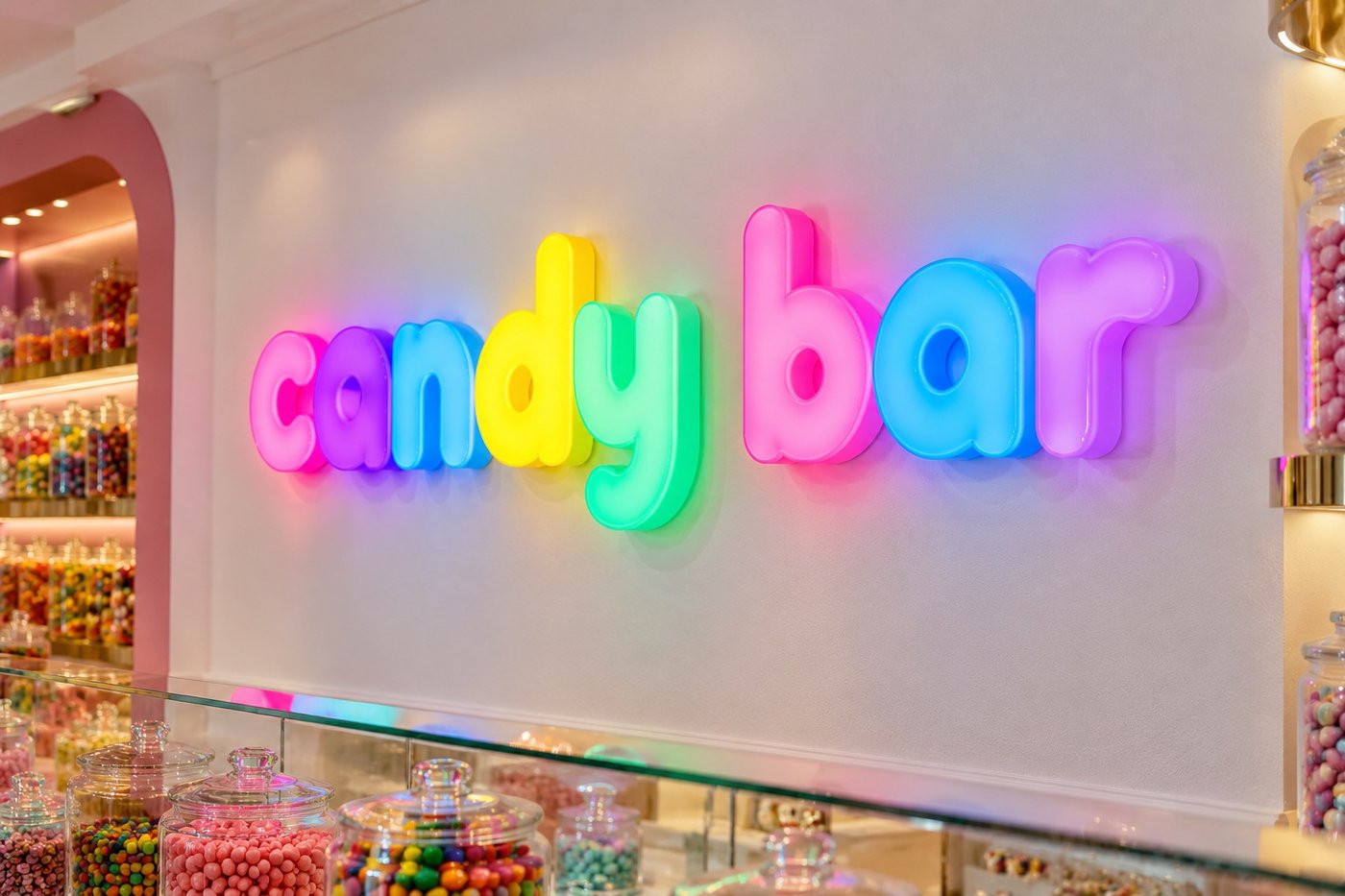 Solid acrylic letters glowing all round in bright colours, reading candy bar