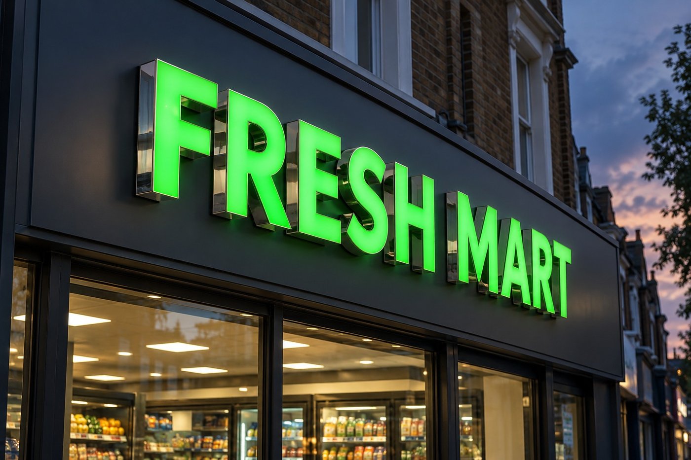 Green lit channel letters with polished stainless steel sides reading FRESH MART on a shopfront at dusk