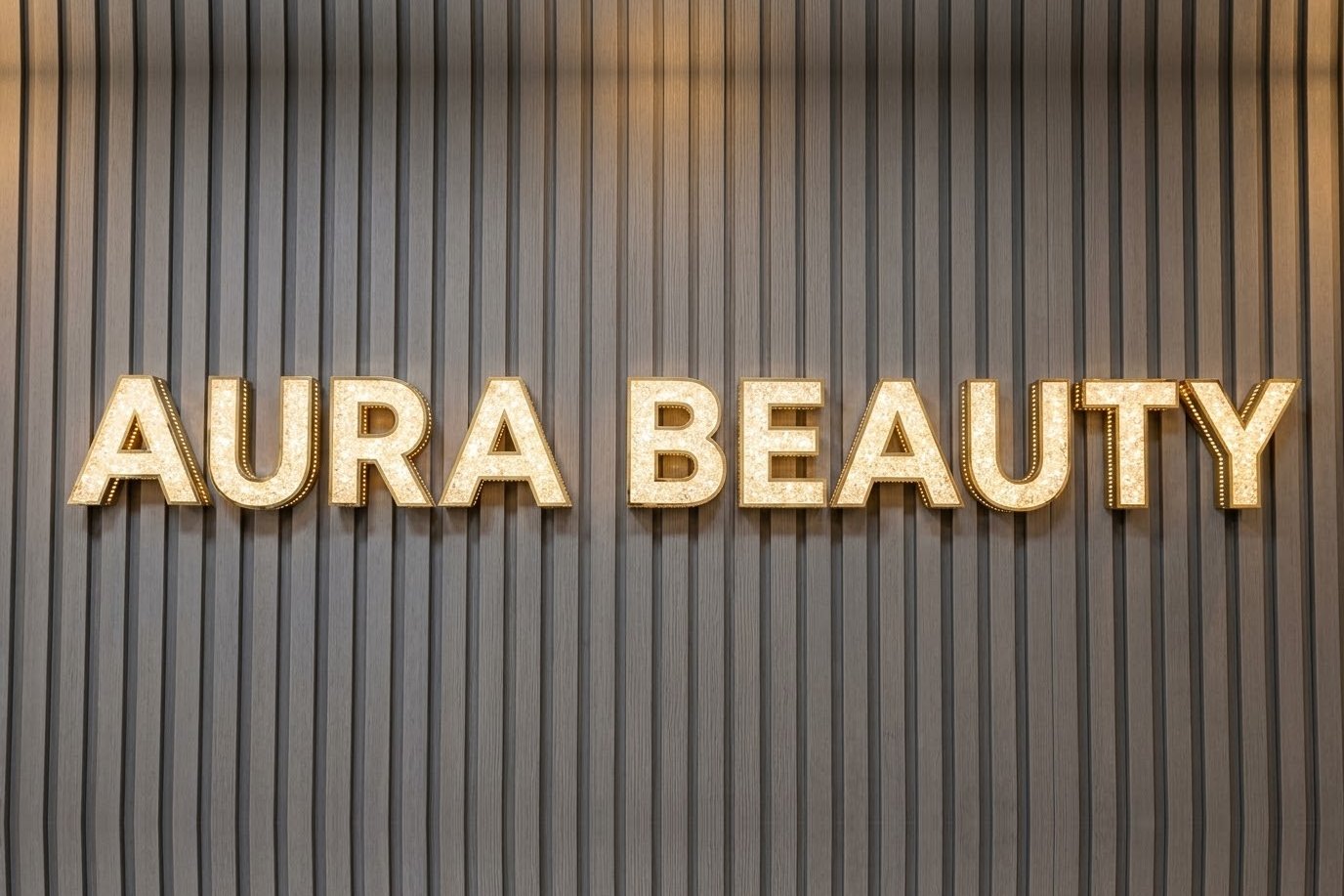 Crystal-filled letters with gold sides reading AURA BEAUTY on a grey fluted wall