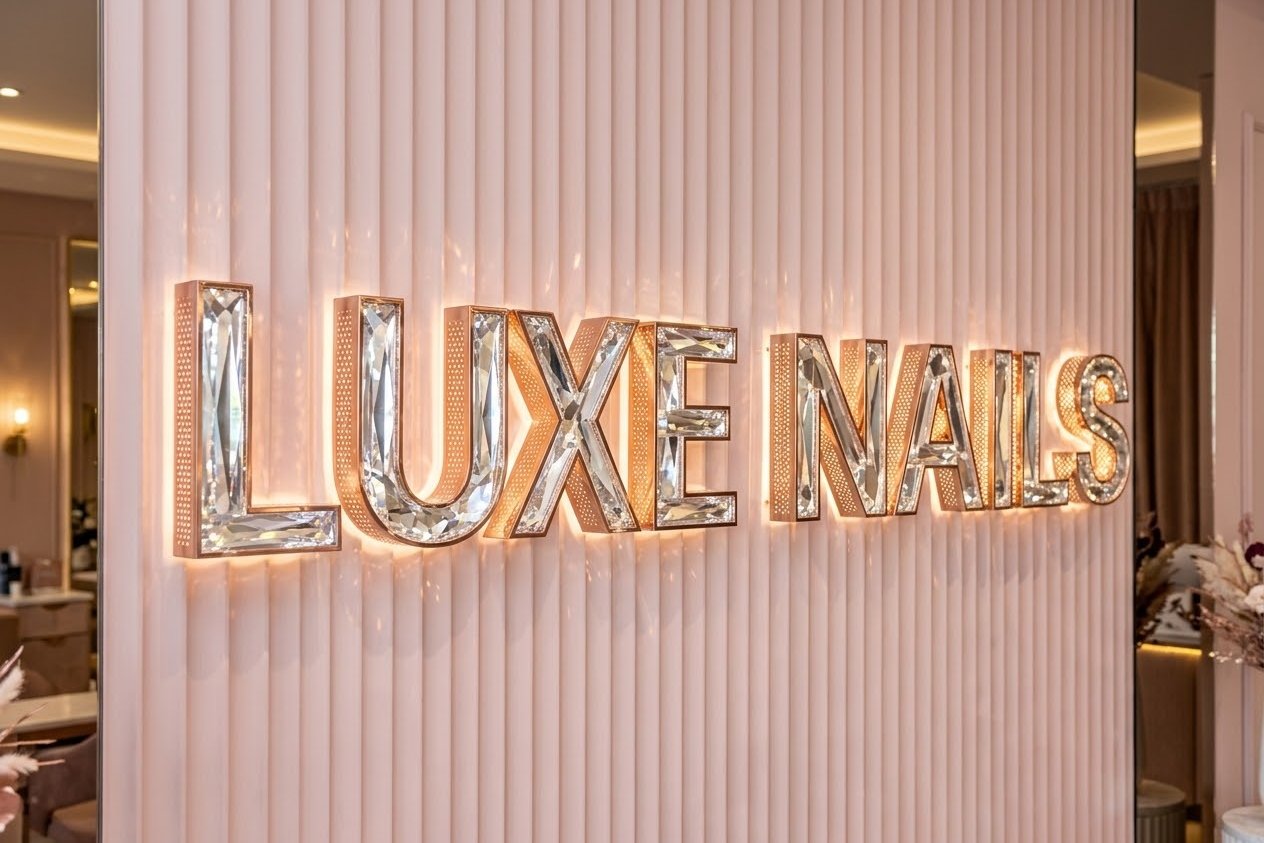 Faceted crystal letters with perforated rose-gold sides reading LUXE NAILS on a pink fluted wall