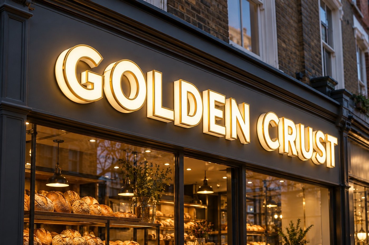 Face and side lit letters with gold trim reading GOLDEN CRUST on a bakery fascia at dusk