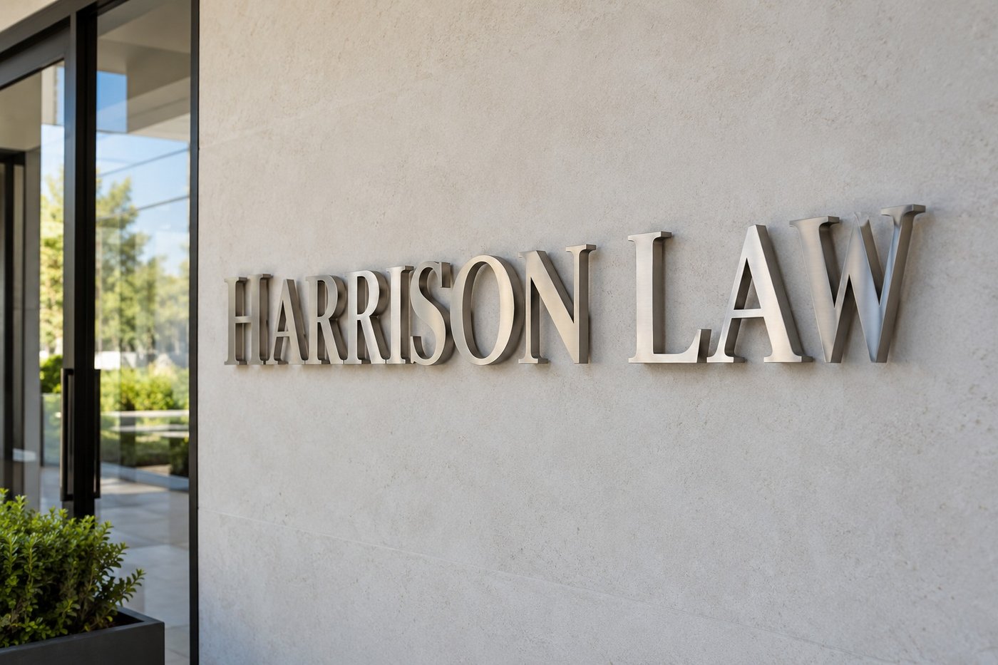Brushed stainless steel letters reading HARRISON LAW on a stone-coloured wall