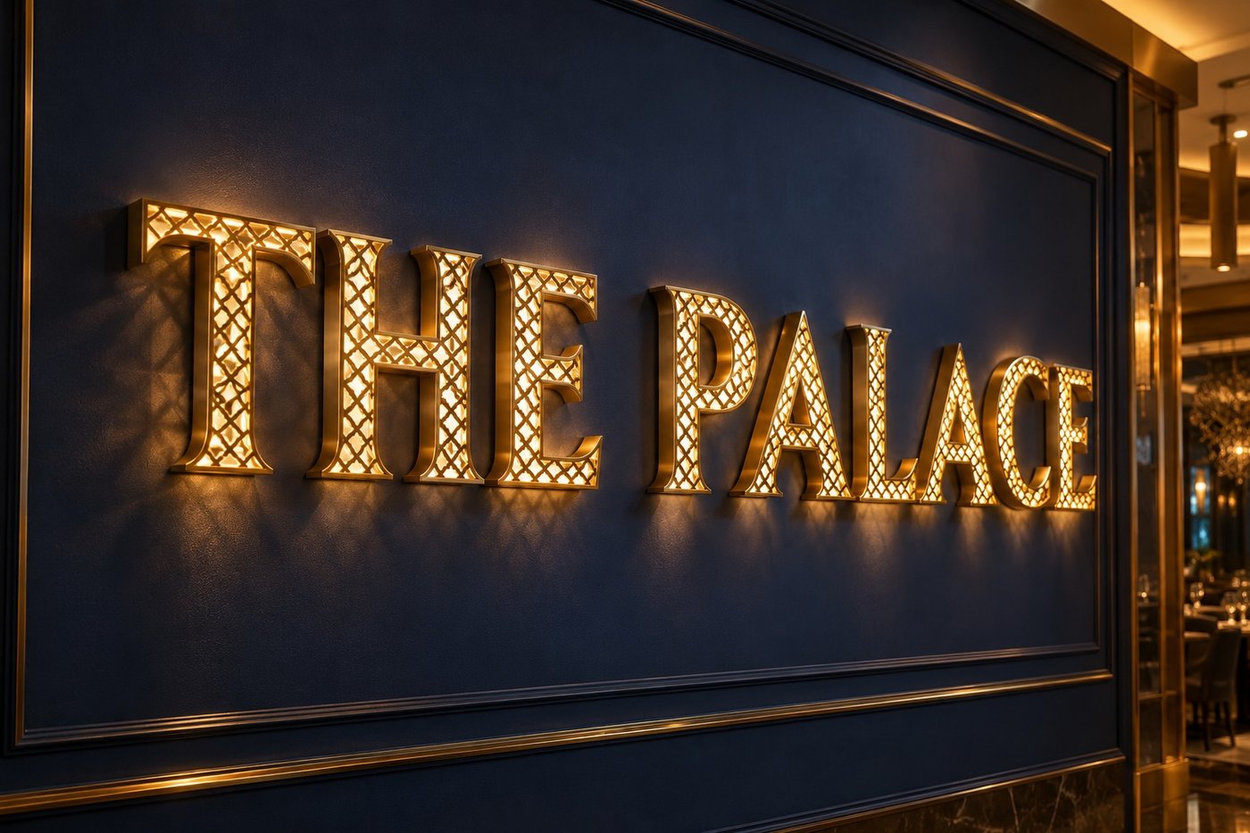 Gold letters with a lattice pattern cut through and lit from inside, reading THE PALACE on a navy panel