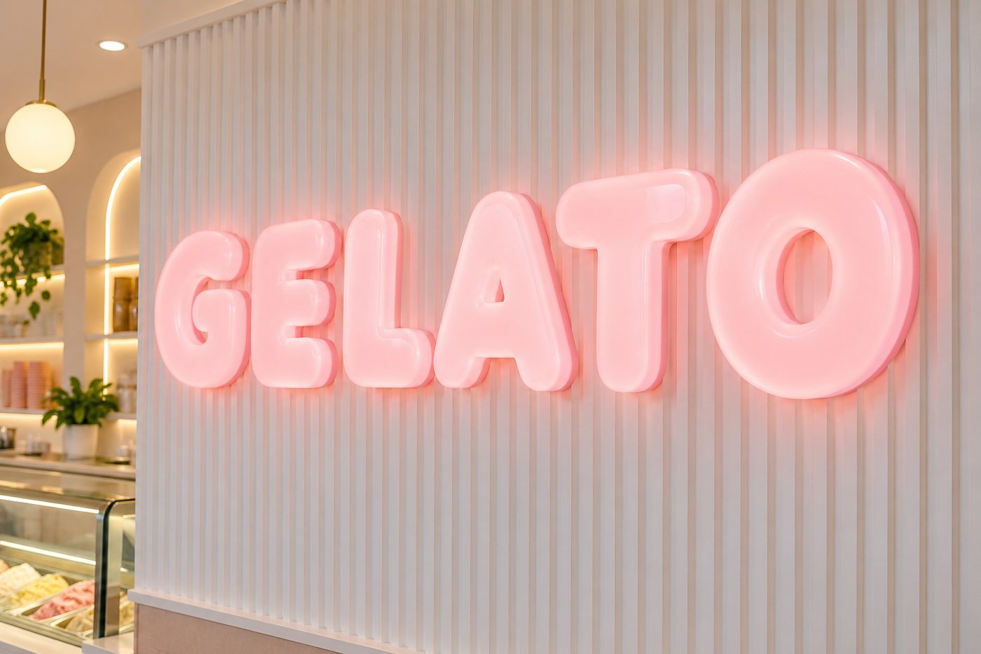 Soft pink frosted jelly letters reading GELATO on a white fluted wall