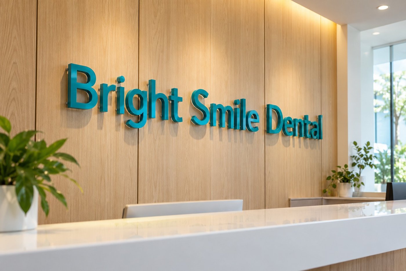 Small teal acrylic letters reading Bright Smile Dental on an oak reception wall