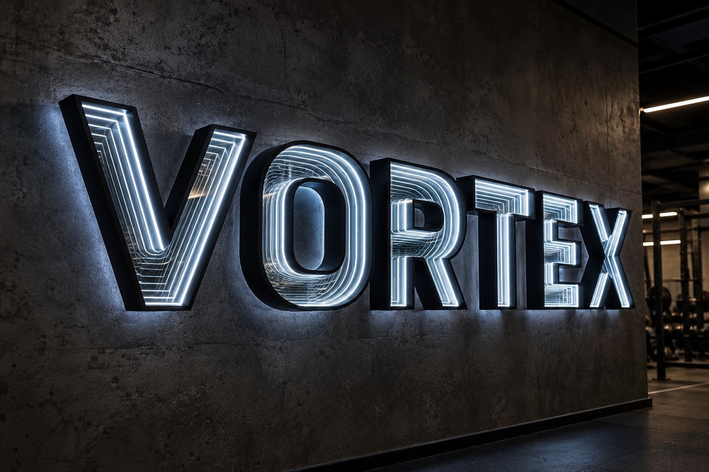 Black letters with an infinity mirror tunnel of light reading VORTEX on a concrete wall