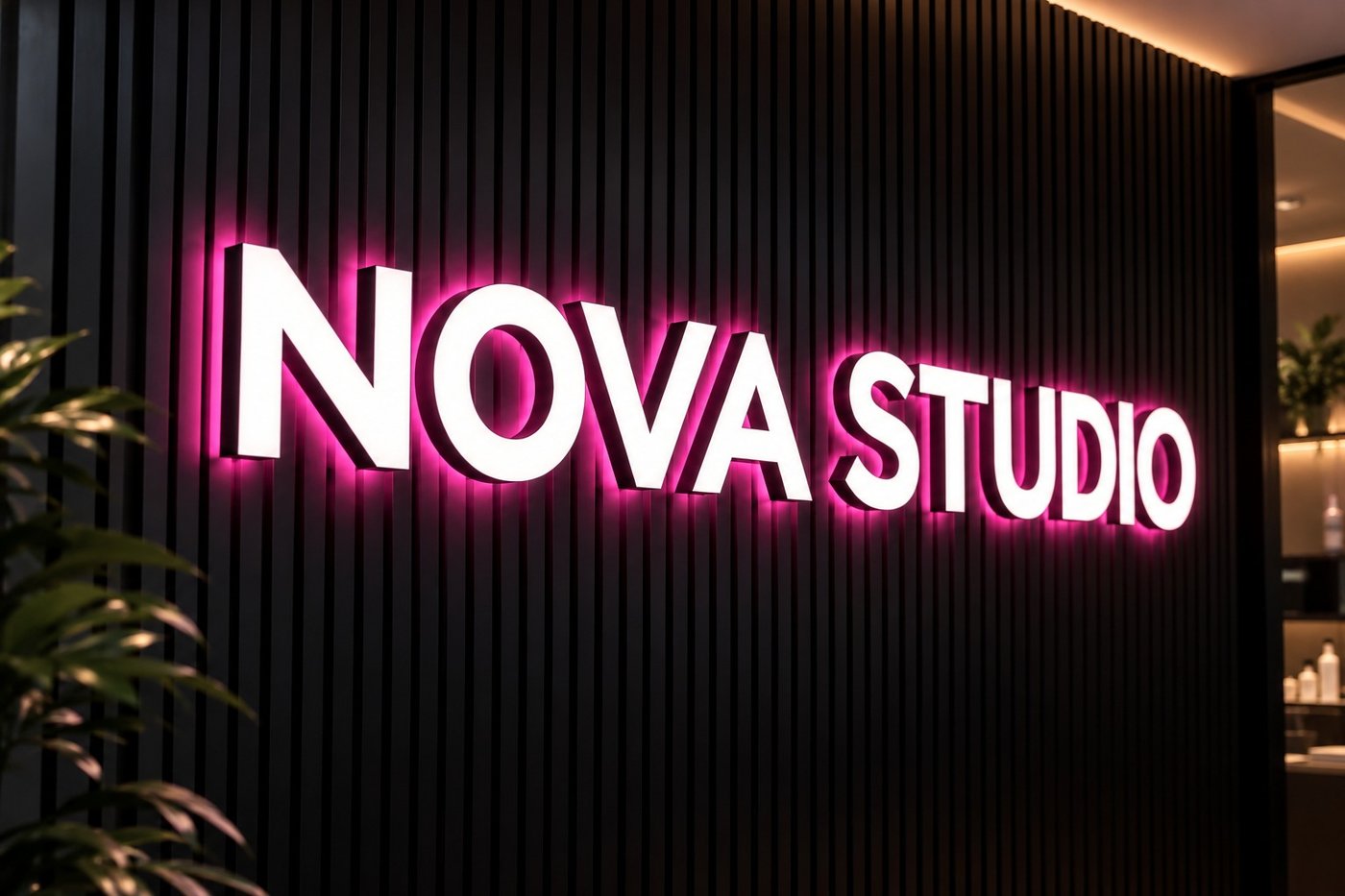Rimless white lit letters with a pink glow behind, reading NOVA STUDIO on a black fluted wall
