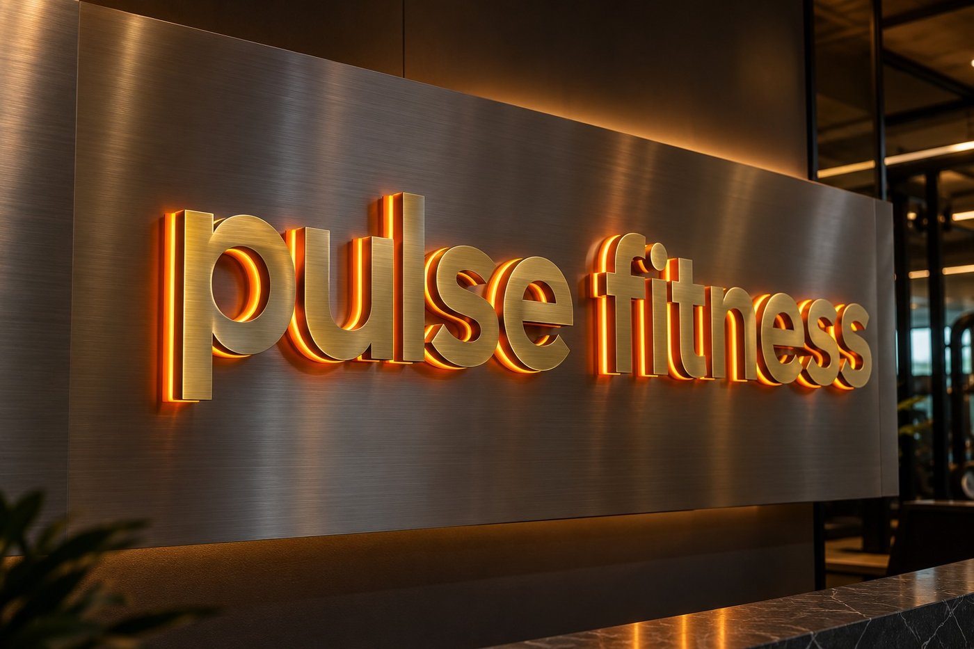 Layered gold and orange-lit letters reading pulse fitness on a brushed steel panel