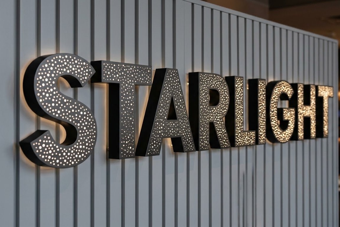 Dark letters filled with tiny lights reading STARLIGHT on a grey fluted wall