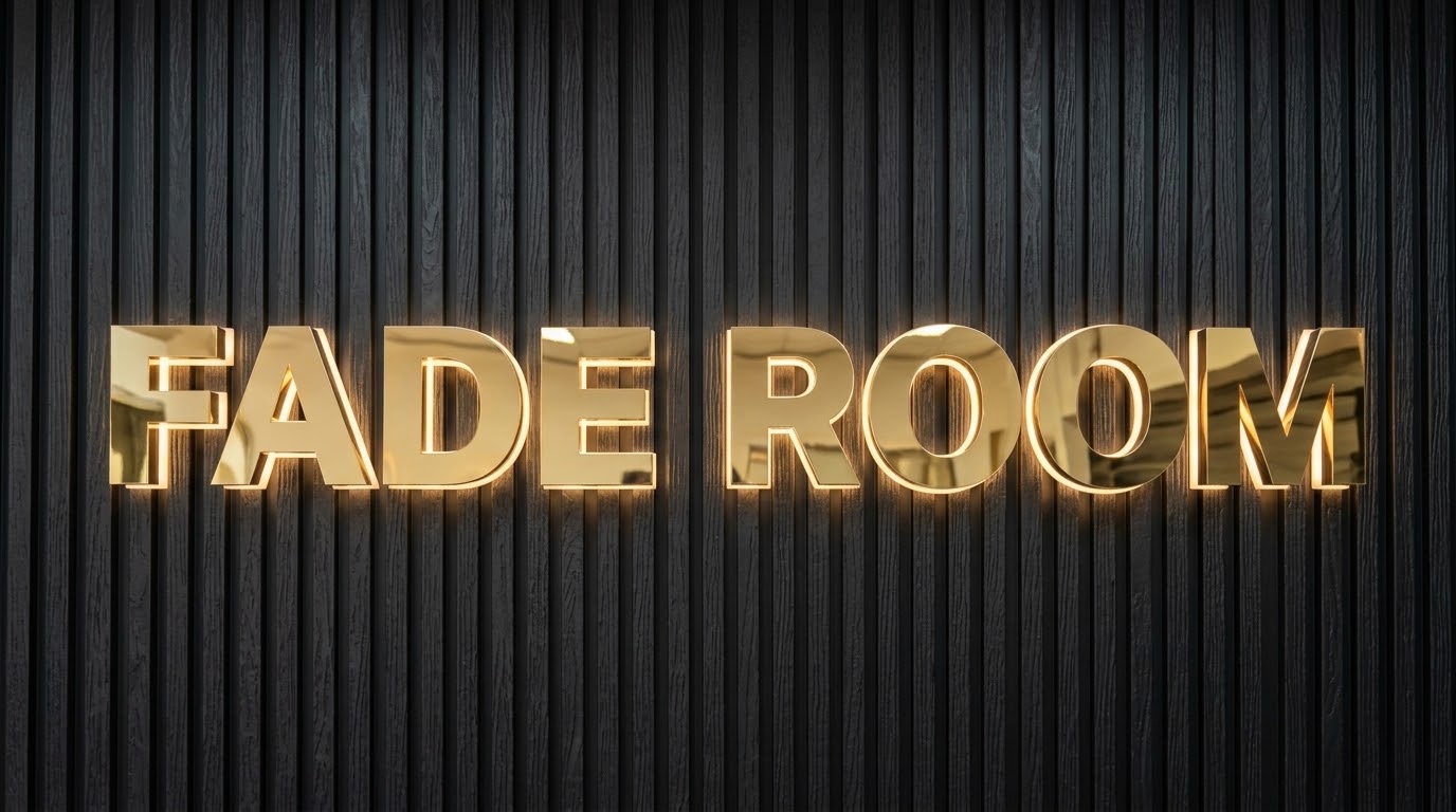 Example of gold mirror letters on a dark slatted wall