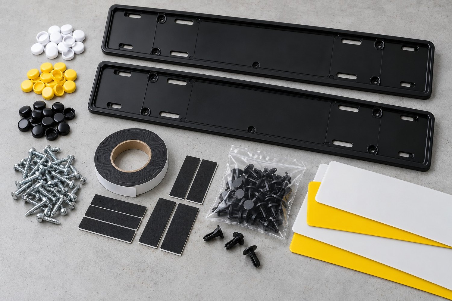 Number plate screw kits, sticky pads, plate surrounds and blanks