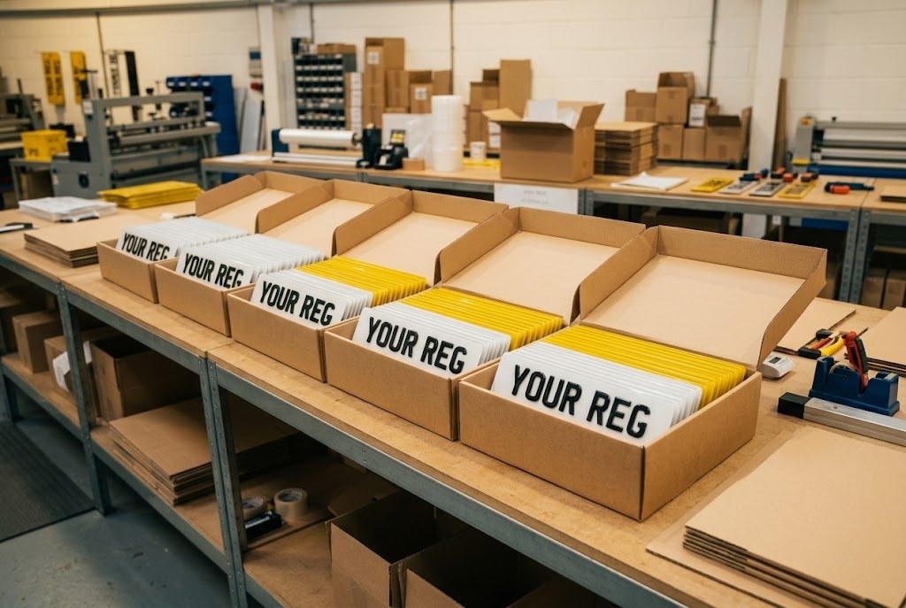 Boxes of finished number plates packed and ready in a workshop
